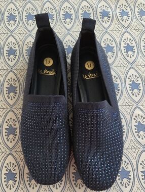 Strada Navy Knit Slip-On Flats with Rhinestone Accents
